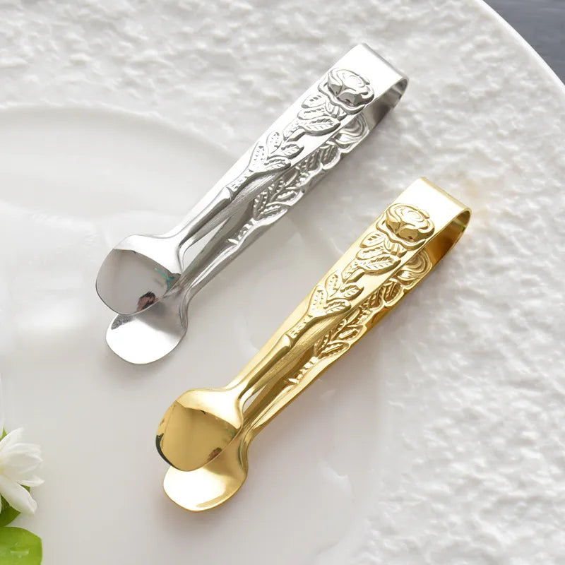 High Quality Ice Tong Embossed Rosette Handle Stainless Steel Food Tong Sliver/Gold Ice Cube Clip BBQ Clip Kitchen Bar Supplies